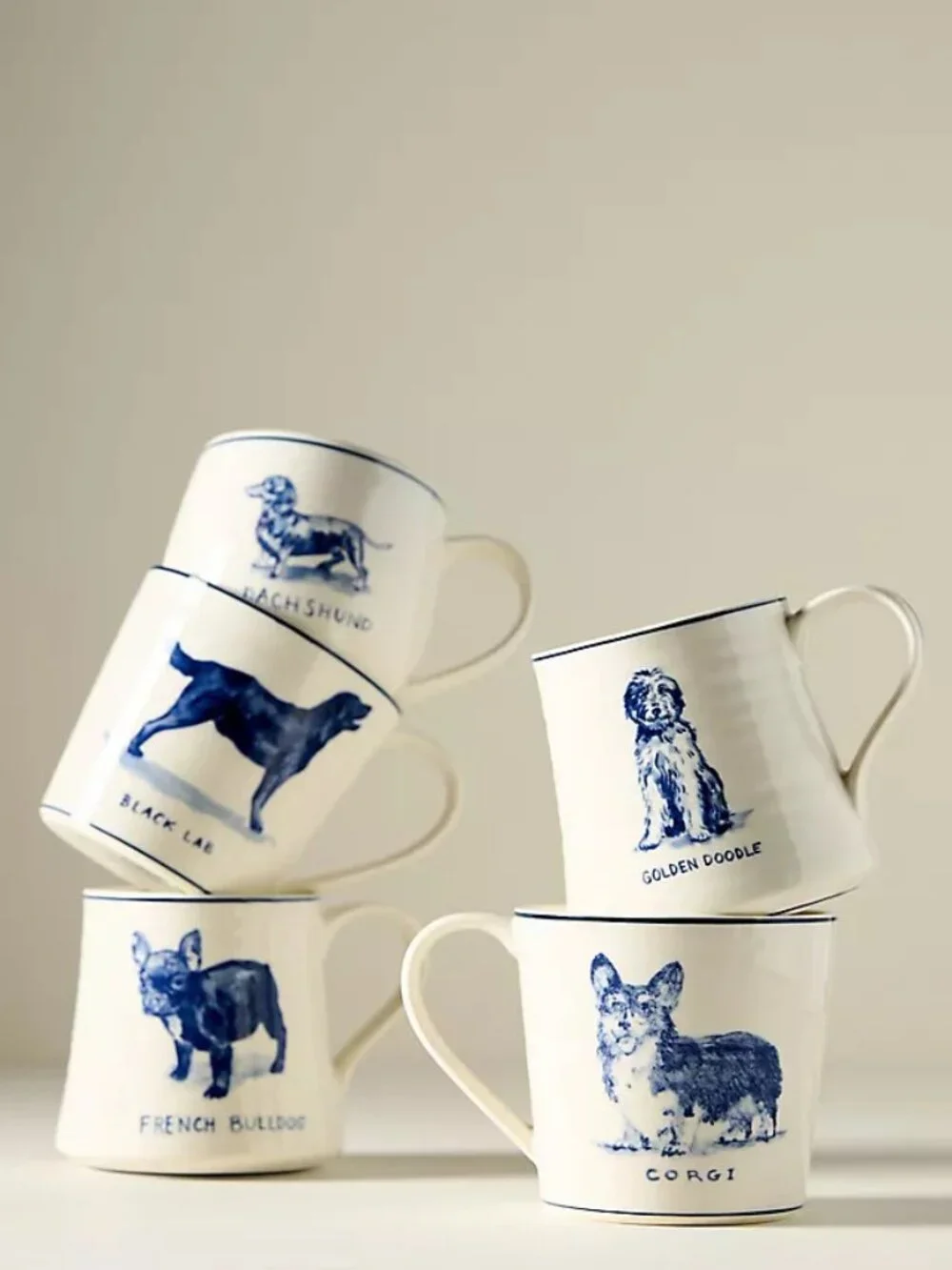 Anthropologie FRENCH BULLDOG Molly Hatch Ceramic Coffee set of 2 mugs 16 oz NWT